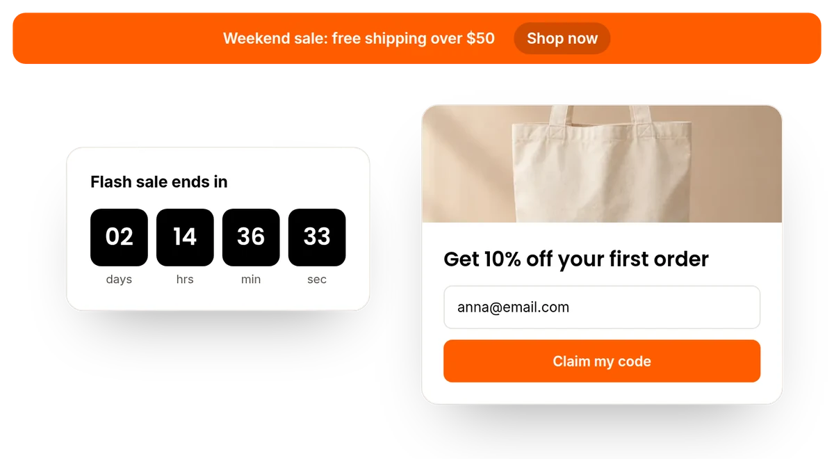 Flash sale banner with countdown and a discount pop-up