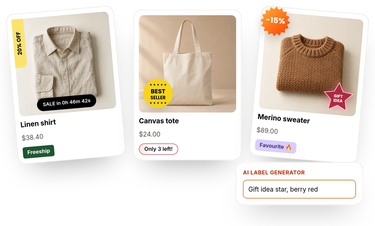 Product cards with sale, best seller and stock labels