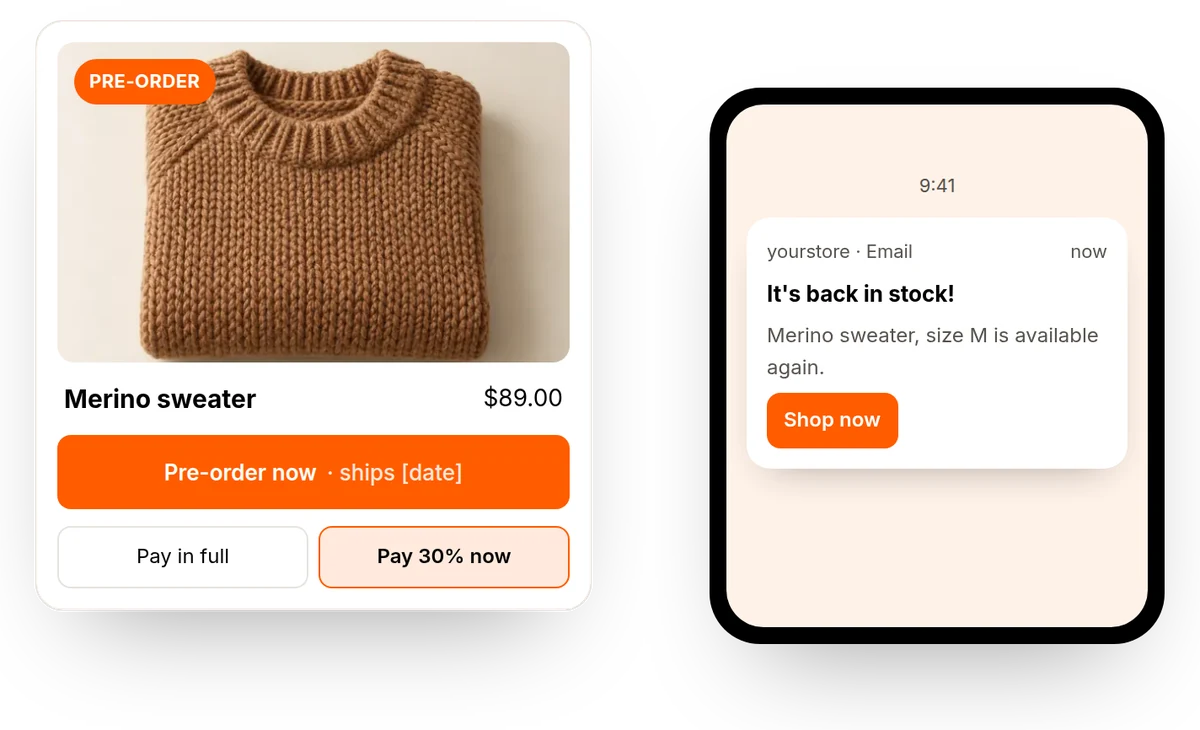 Pre-order button on a sold-out product and a back-in-stock email