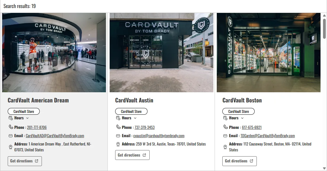 Each CardVault location card shows a storefront photo, daily opening hours and a button that opens directions.