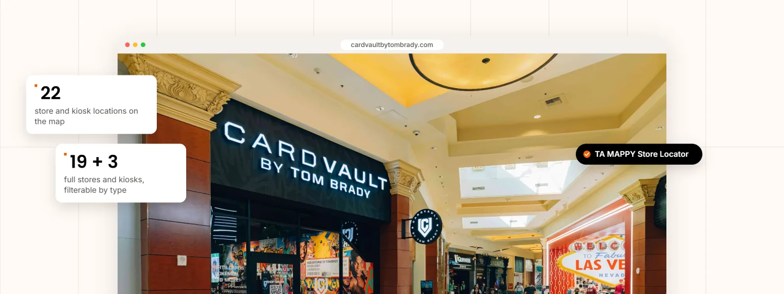 CardVault by Tom Brady storefront in a Las Vegas mall, with 22 locations and 19 stores plus 3 kiosks on TA MAPPY Store Locator