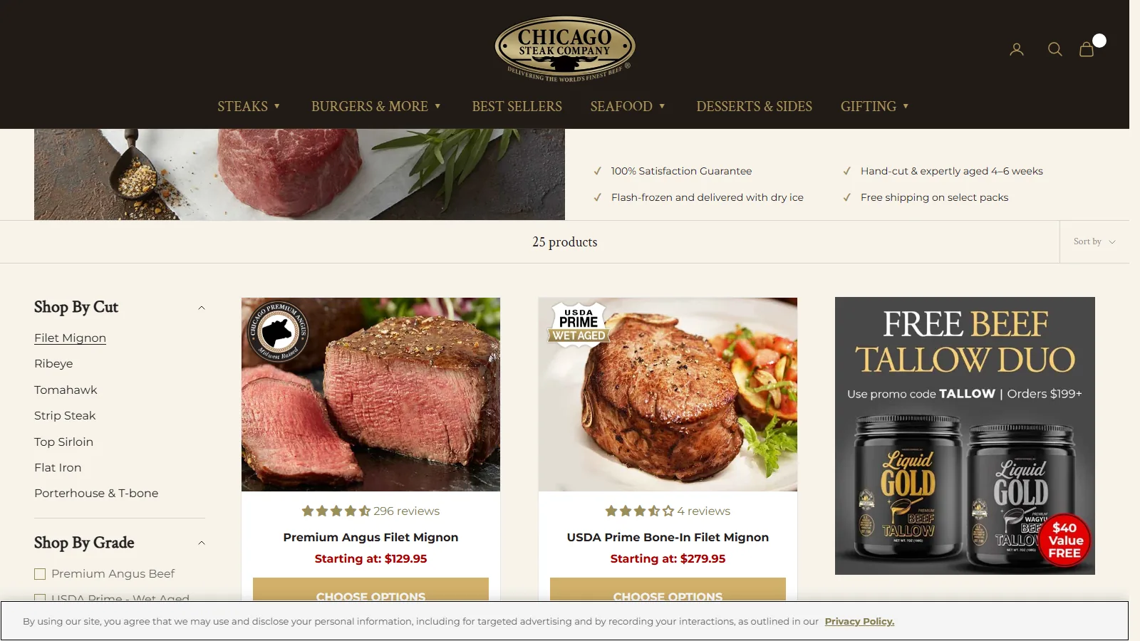 Each steak photo on the filet mignon page carries a sticker for its grade, so cards that look alike are easy to tell apart.