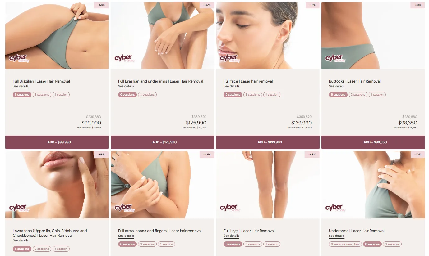 A sticker on each product photo marks the treatments included in the sale.