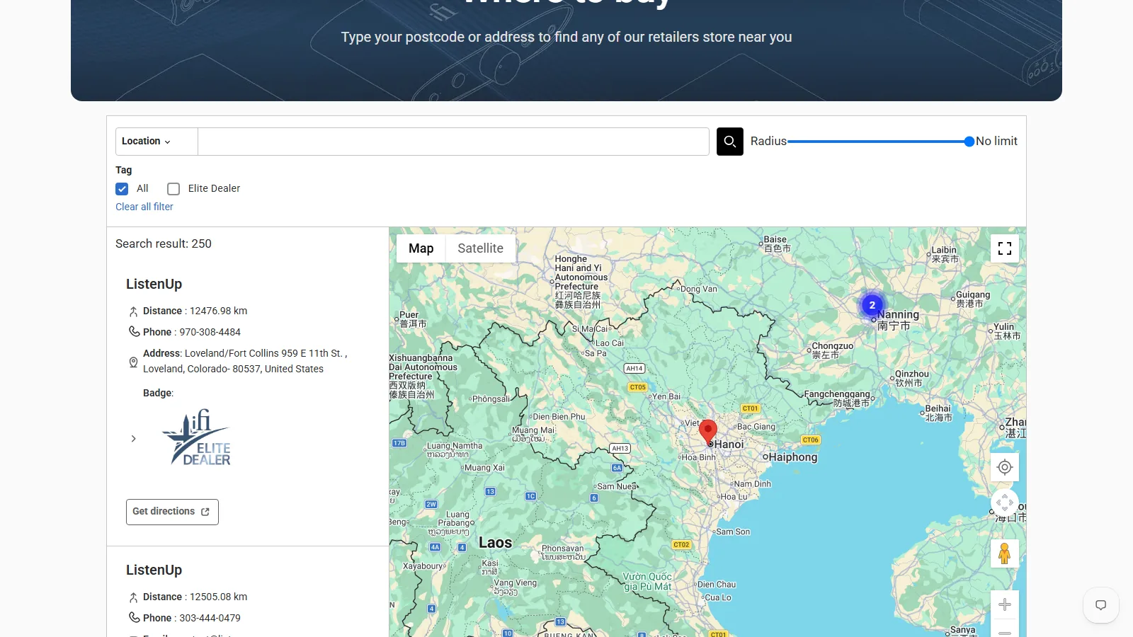The Where to Buy page pairs a dealer list with a Google map, both sorted by distance from the shopper's location.