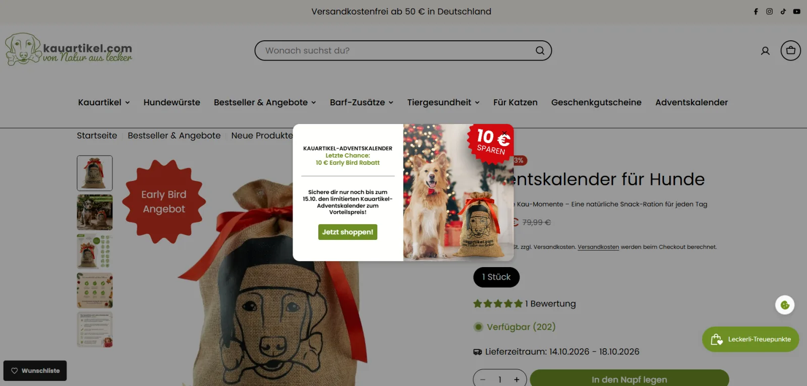 The popup names the offer, the €10 saving and the 15 October deadline on every page of the store.