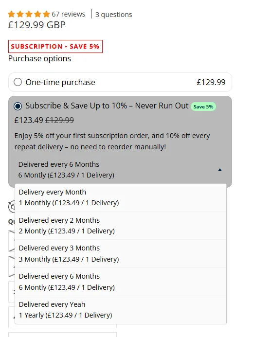 The supplement group offers a smaller first discount and four delivery frequencies.