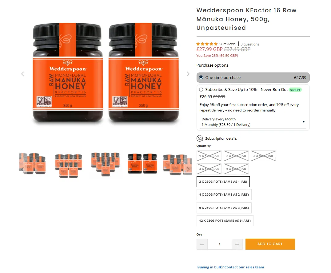 On the product page, shoppers choose between a one-time purchase and Subscribe & Save before adding to cart.