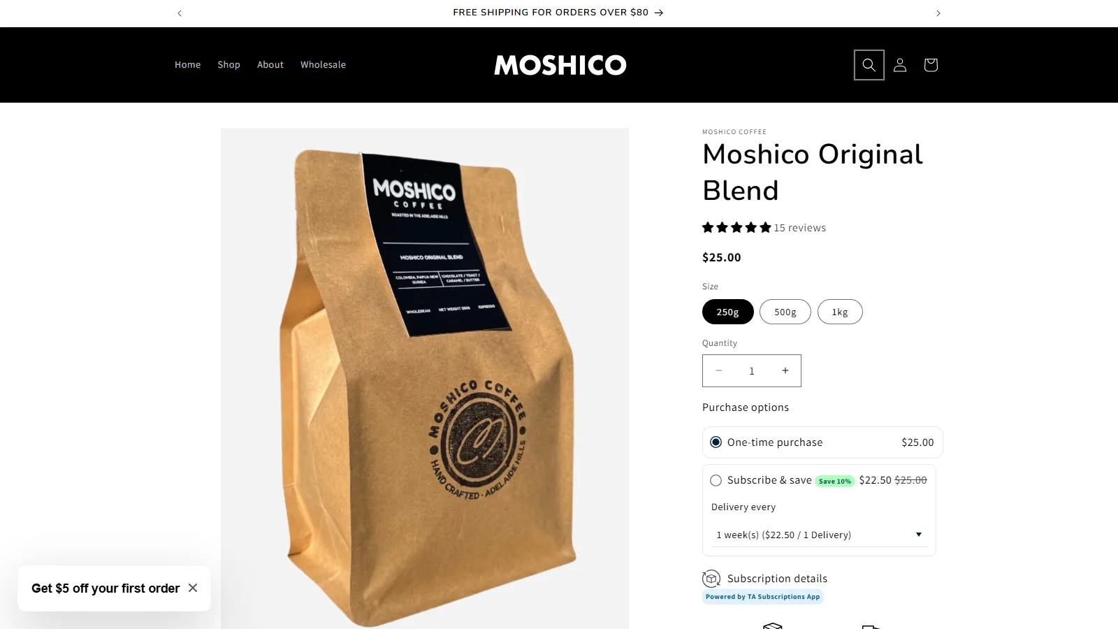 The Original Blend page offers a one-time purchase or Subscribe & save at 10% off.