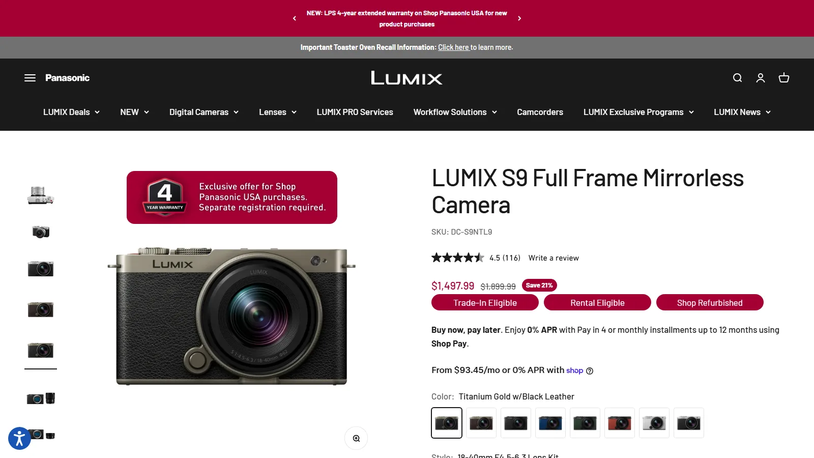 A red banner on every LUMIX S9 photo states the 4-year warranty offered on Shop Panasonic USA purchases.