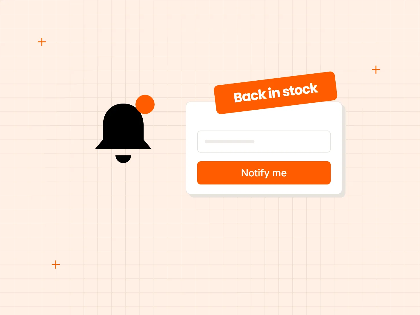 A sold-out product card with a Notify me button and an email field