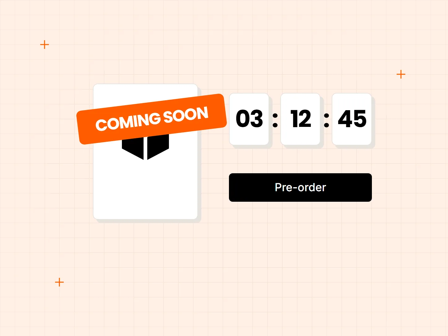 A product card with a coming soon sticker, three countdown tiles and a pre-order button