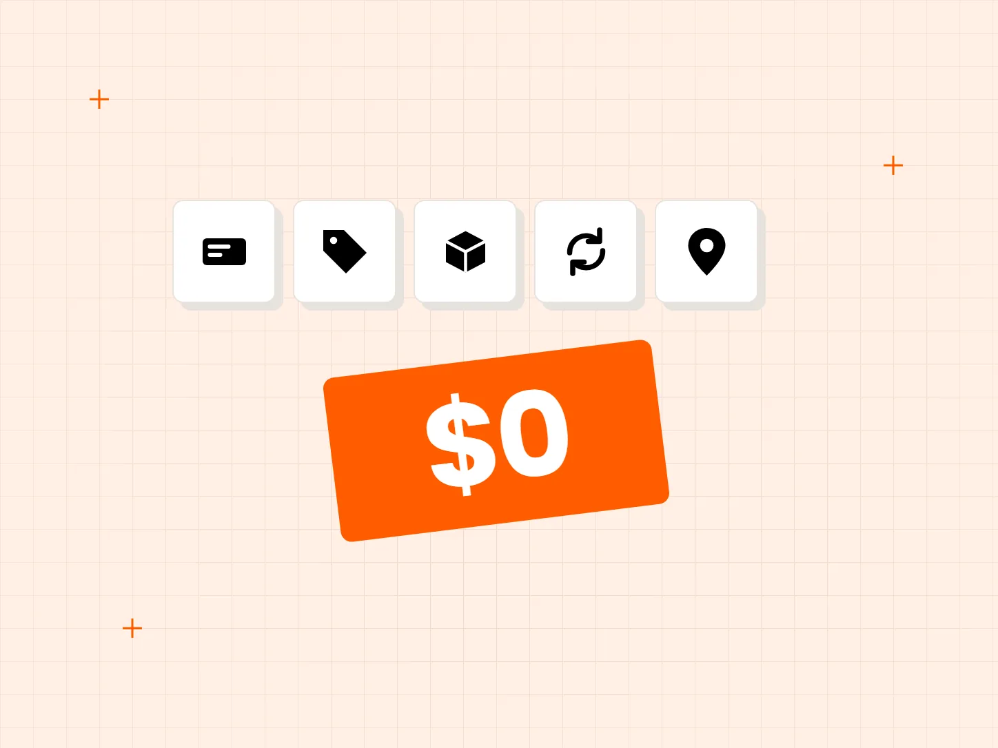 Five app tiles for banners, labels, preorder, subscriptions and a store locator, with a large zero dollar sticker