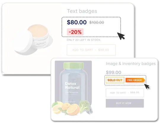 Product with a -20% price label and text badges