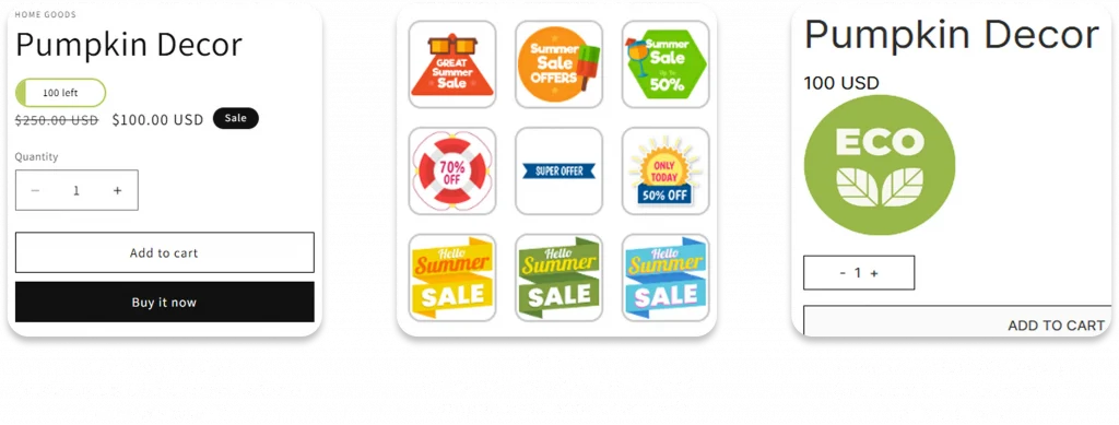 Product label and badge examples on a product page