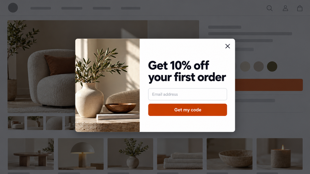 Email popup offering a first-order discount on a Shopify storefront