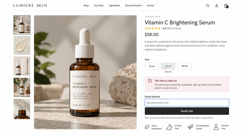 Notify Me form on a sold-out product page