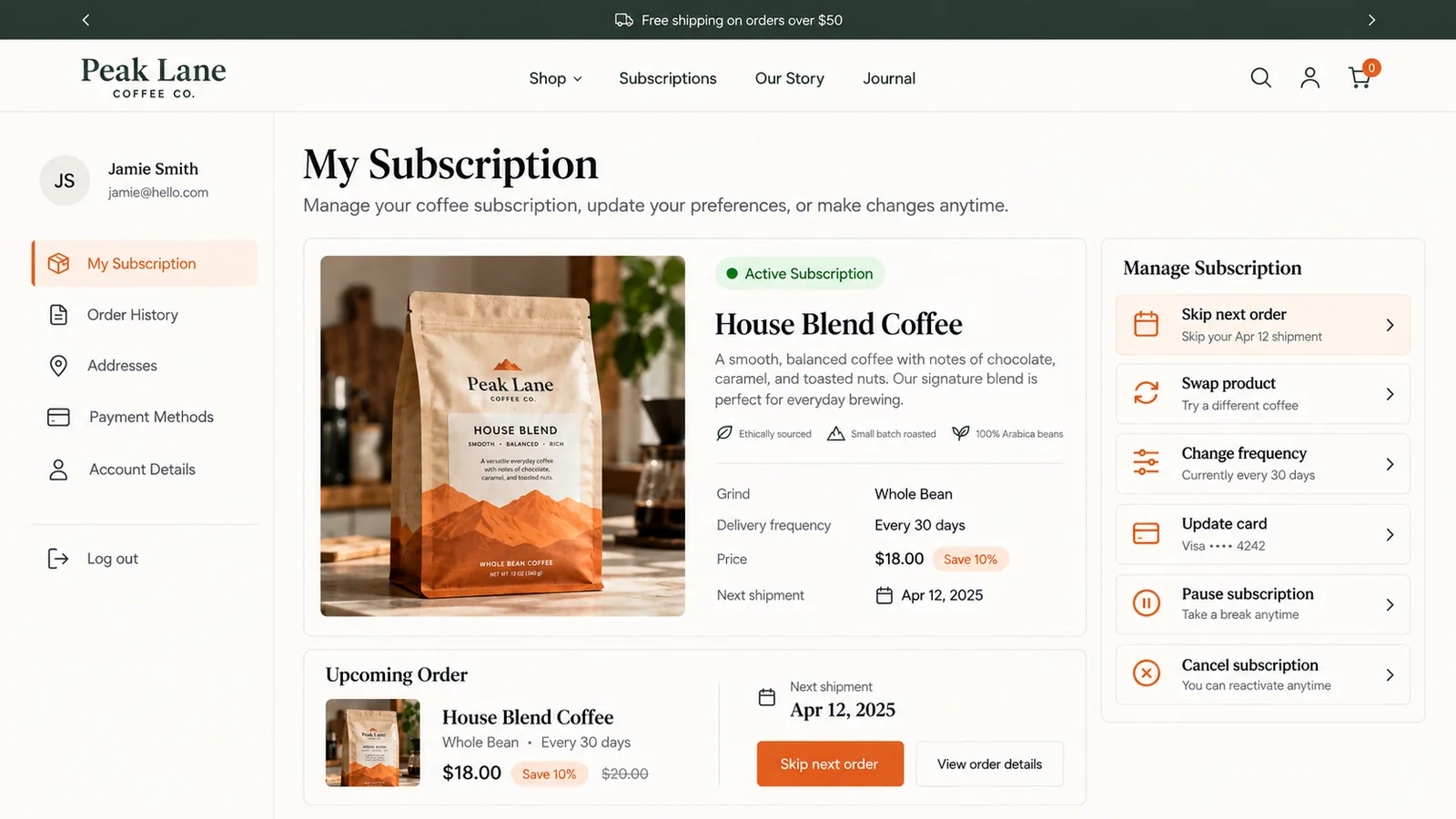 Customer self-service subscription portal