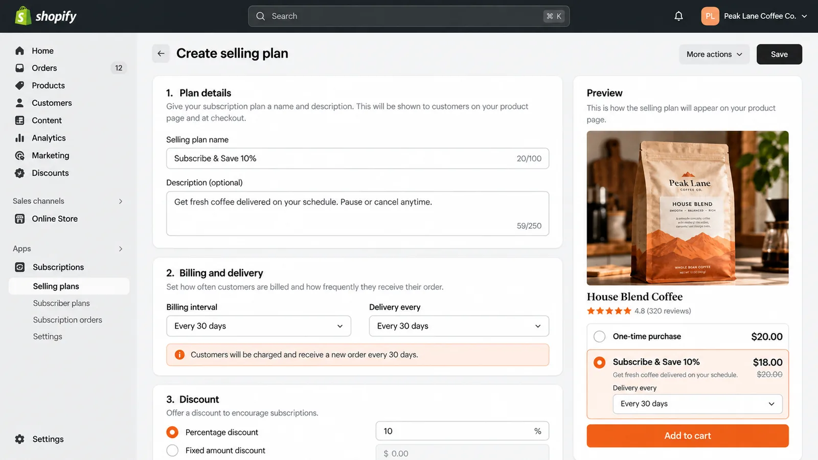 Selling plan setup in Shopify admin